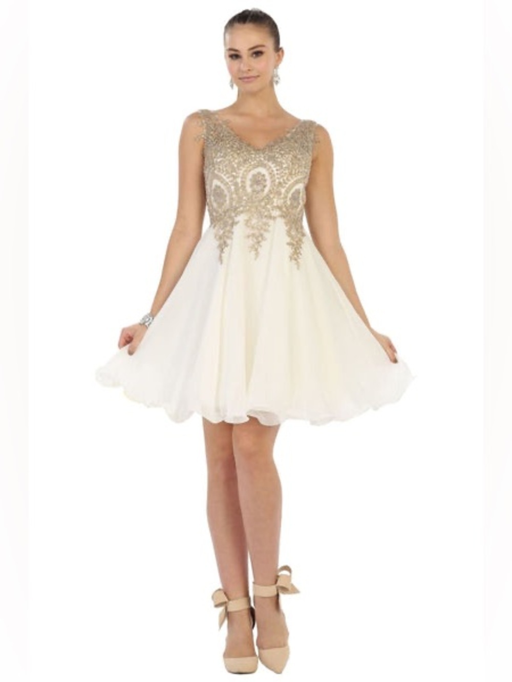 NWT May Queen Embellished Ivory & Gold Party Dress Formal Cocktail Wedding Sz 10